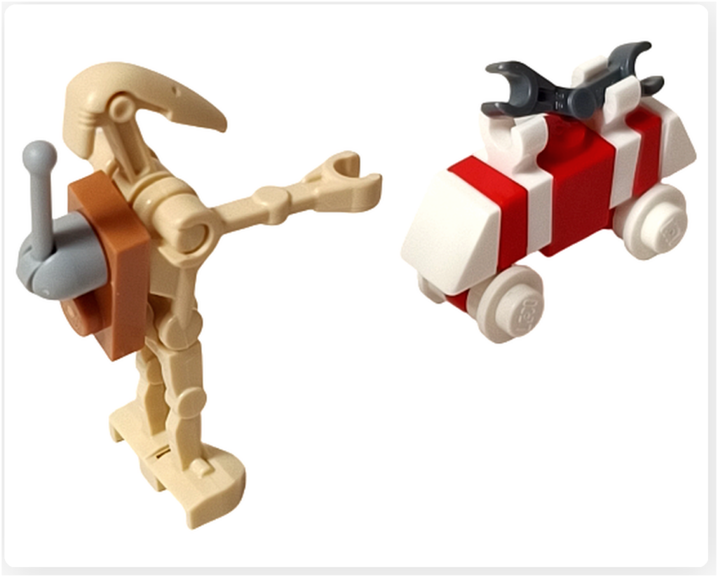 LEGO スター・ウォーズ 75418 アドベントカレンダー2025のプレイシーン。 スクラップ・バトル・ドロイドとホリデー・マウス・ドロイドが並び、腕のパーツを載せた小型ドロイドを追いかける遊びの様子が確認できる。