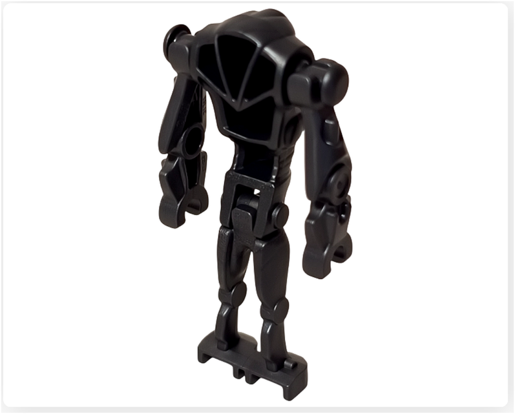 LEGO スター・ウォーズ 75418 アドベントカレンダー2025の完成モデル背面。 スーパーバトル・ドロイドを後方から写しており、背面装甲と脚部、腕の接続部が確認できる。