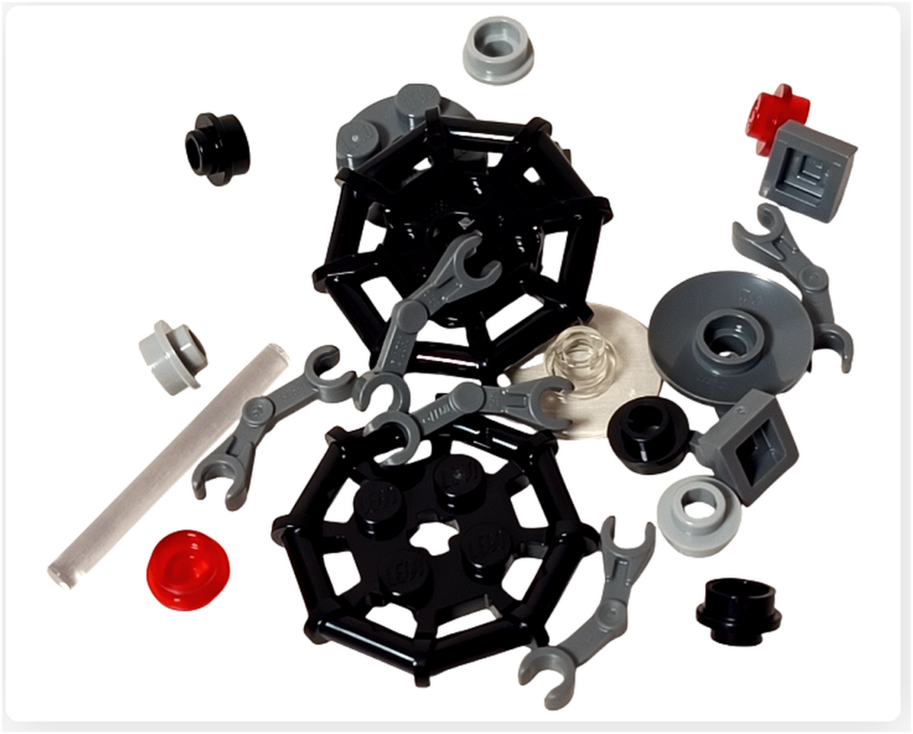 LEGO スター・ウォーズ 75418 アドベントカレンダー2025のプローブ・ドロイド用パーツ。 黒とグレーを基調としたフレーム部品やアーム状パーツ、円形パーツが分かれた状態で写っている。