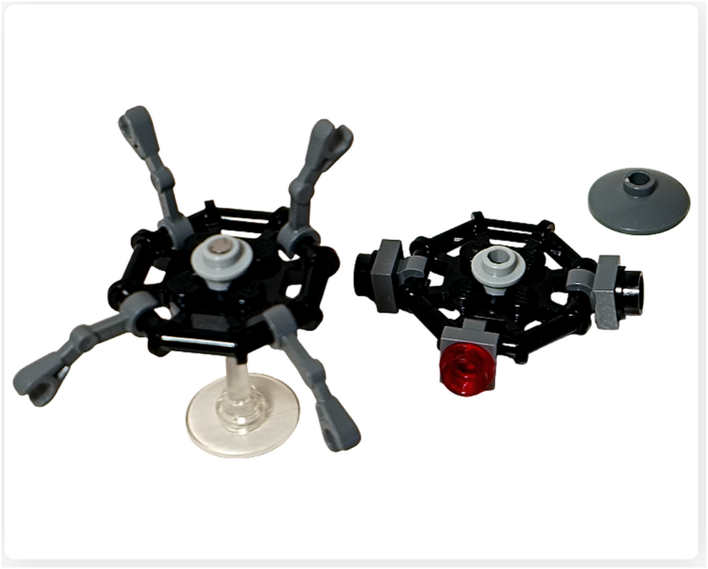 LEGO スター・ウォーズ 75418 アドベントカレンダー2025の組立途中の様子。 プローブ・ドロイドのフレームに複数のアームパーツやスタンドが取り付けられた工程が写っている。