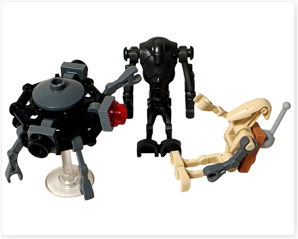 LEGO スター・ウォーズ 75418 アドベントカレンダー 21日目。スクラップ・バトル・ドロイド、スーパーバトル・ドロイド、プローブ・ドロイドが集まり相談しているシーン。