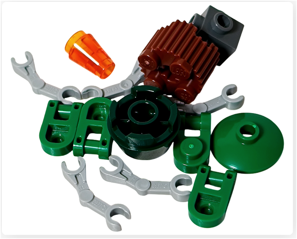 LEGO スター・ウォーズ 75418 アドベントカレンダー 22日目。ホリデー・メディカル・ドロイドのパーツ一式。グリーン基調の本体とアーム、医療装置を思わせる構成。