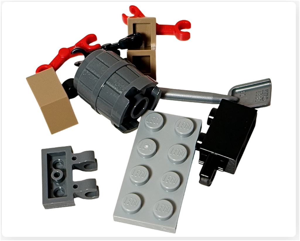 LEGO スター・ウォーズ 75418 アドベントカレンダー23日目のパーツ写真。工房用バケツ(コンテナ)を構成する円筒パーツやプレート、アーム類が並べられている。