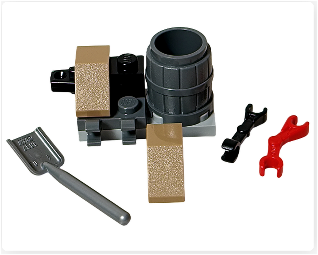 LEGO スター・ウォーズ 75418 アドベントカレンダー23日目の組立途中写真。工房用バケツ(コンテナ)の土台に円筒パーツや工具が配置され、完成前の工程がわかる構成。