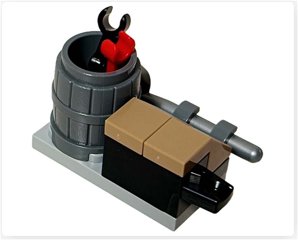 レゴ スター・ウォーズ 75418 アドベントカレンダー23日目の工房用バケツ背面。資材箱と支柱パーツが組み合わさり、整備工房の実用的な設備として表現されている。