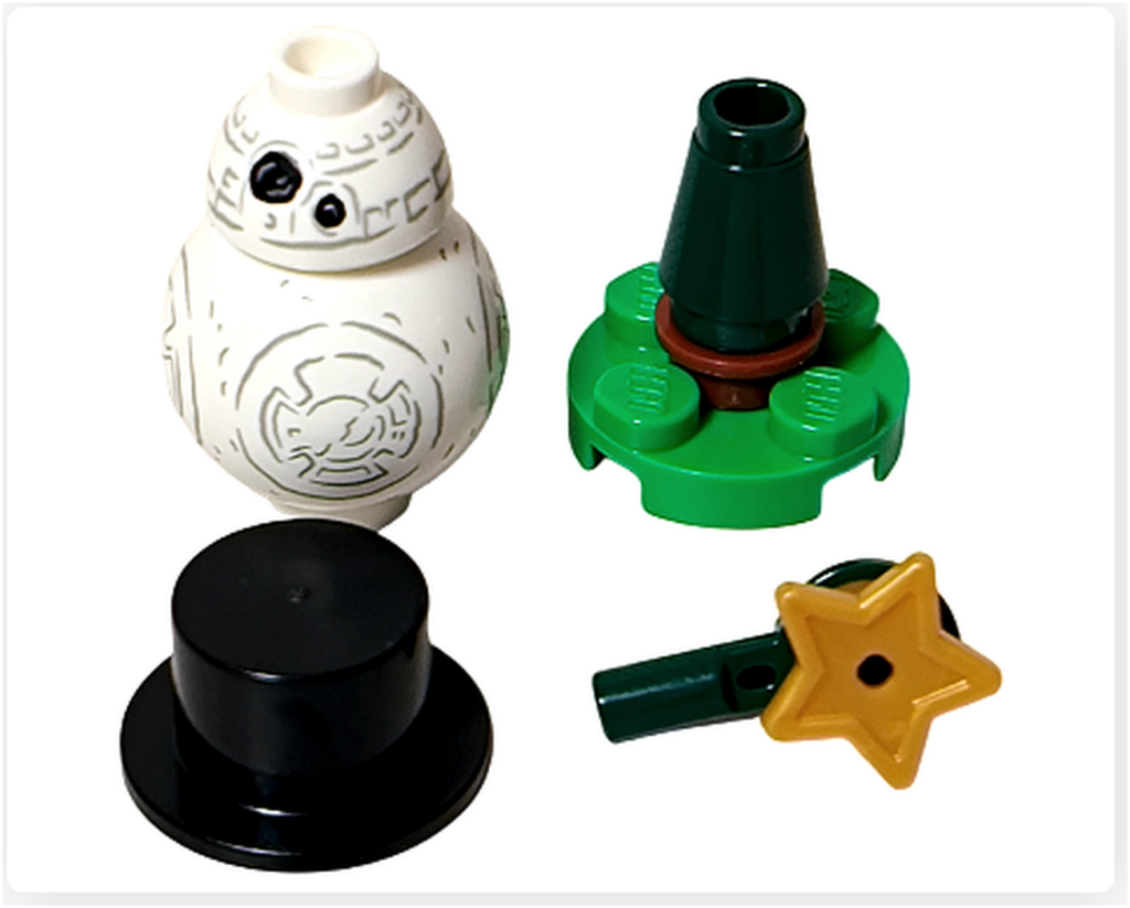 レゴ スター・ウォーズ 75418 アドベントカレンダー 24日目の組立途中写真。スノーマンBB-8の白い胴体と顔パーツ、ツリーの土台と星飾りが並び、完成直前の様子がわかる構成。