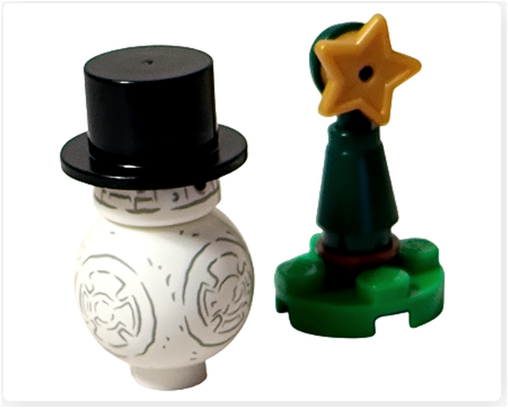 LEGO スター・ウォーズ アドベントカレンダー 75418、24日目のスノーマンBB-8正面写真。雪だるま風にアレンジされたBB-8と、シンプルな表情が特徴。