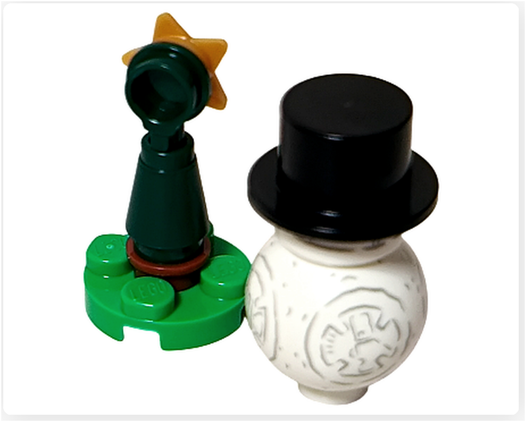 LEGO スター・ウォーズ アドベントカレンダー 75418、24日目のスノーマンBB-8背面写真。ツリーと並んだ後ろ姿が、冬の締めくくりを演出する。