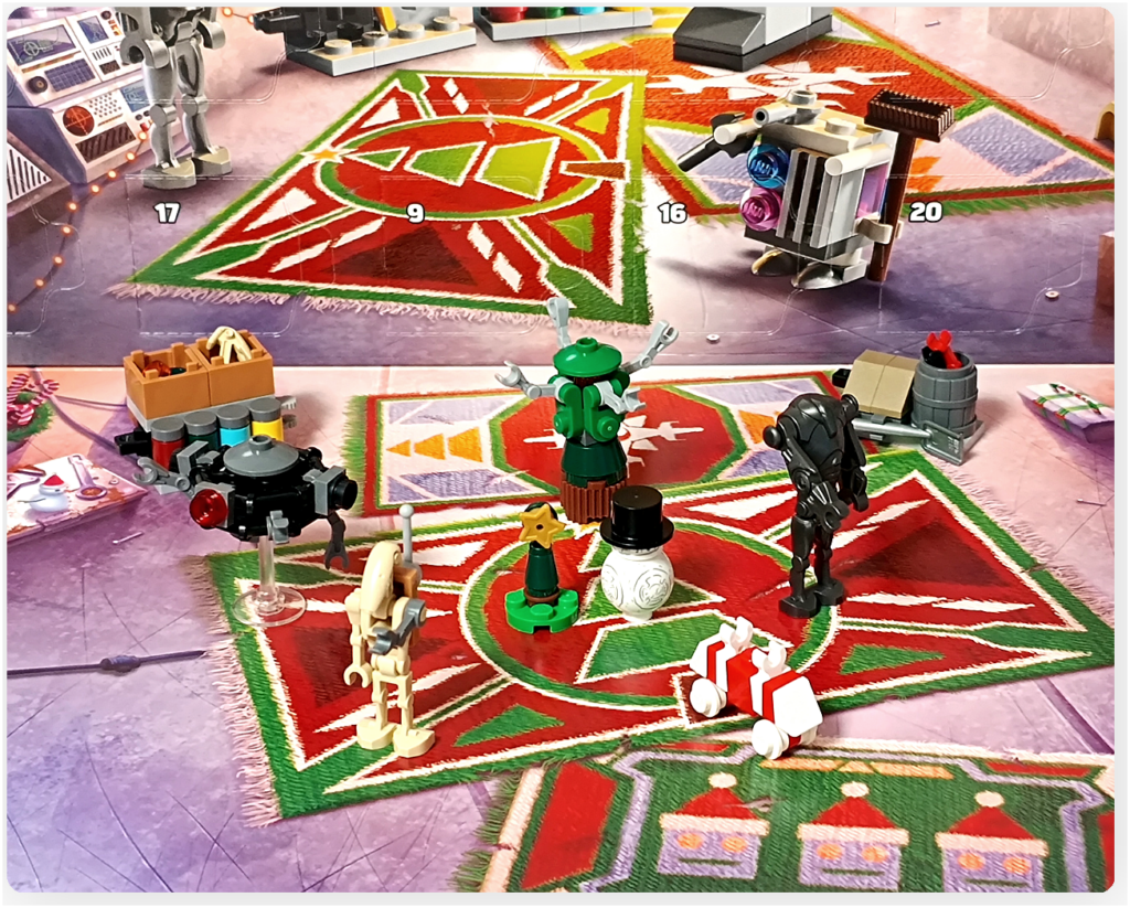 LEGOスター・ウォーズの工房を舞台に、 ツリーとスノーマンBB-8を囲んでドロイドたちが集う最終シーン。 作業を終え、静かな時間が流れる工房の情景。