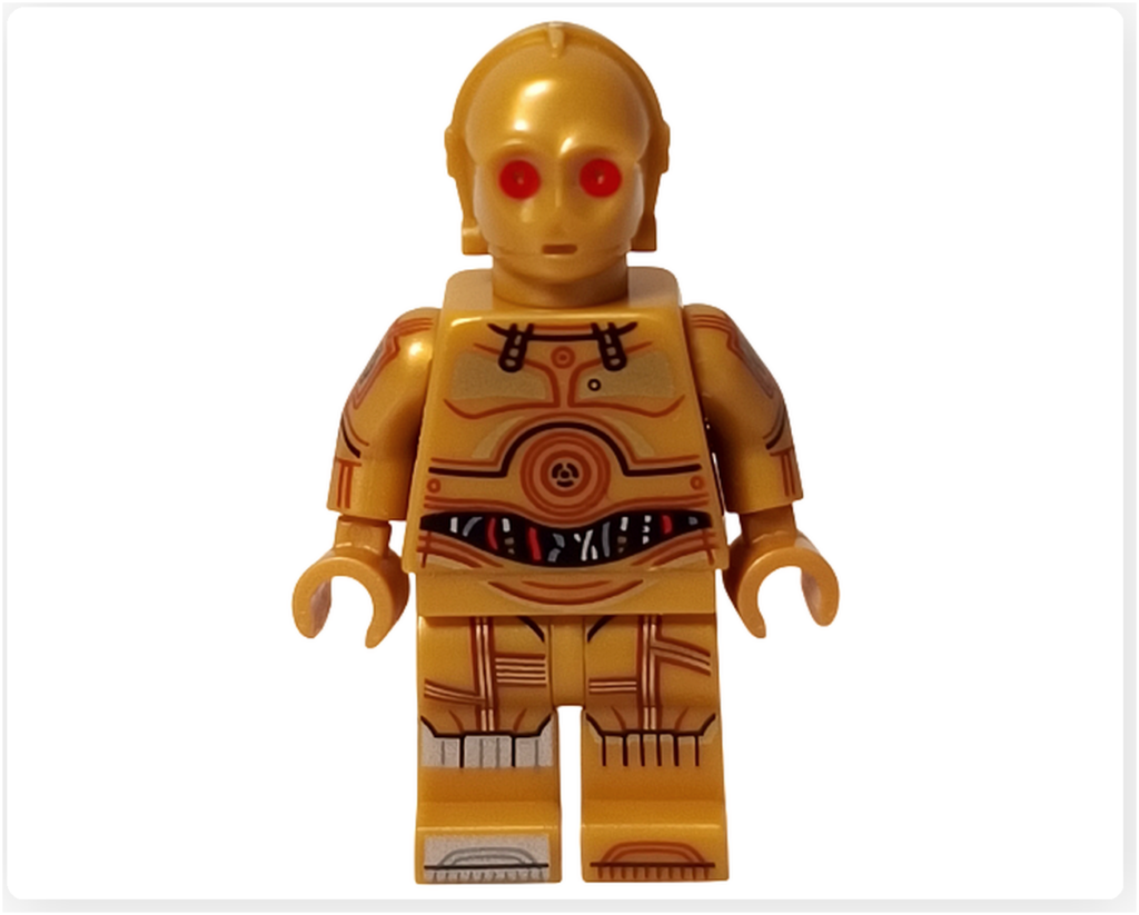LEGO スター・ウォーズ 75418 アドベントカレンダー2025に含まれるC-3POのミニフィグ正面写真。金色のボディカラーと、胸部および脚部にプリントされた機構デザインが確認できる。