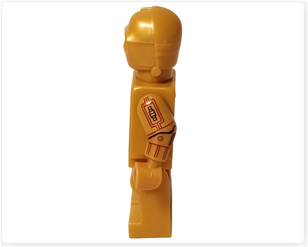 LEGO スター・ウォーズ 75418 アドベントカレンダー2025に含まれるC-3POのミニフィグ左側面写真。頭部と胴体の側面形状、腕部に施された機構プリントが確認できる。