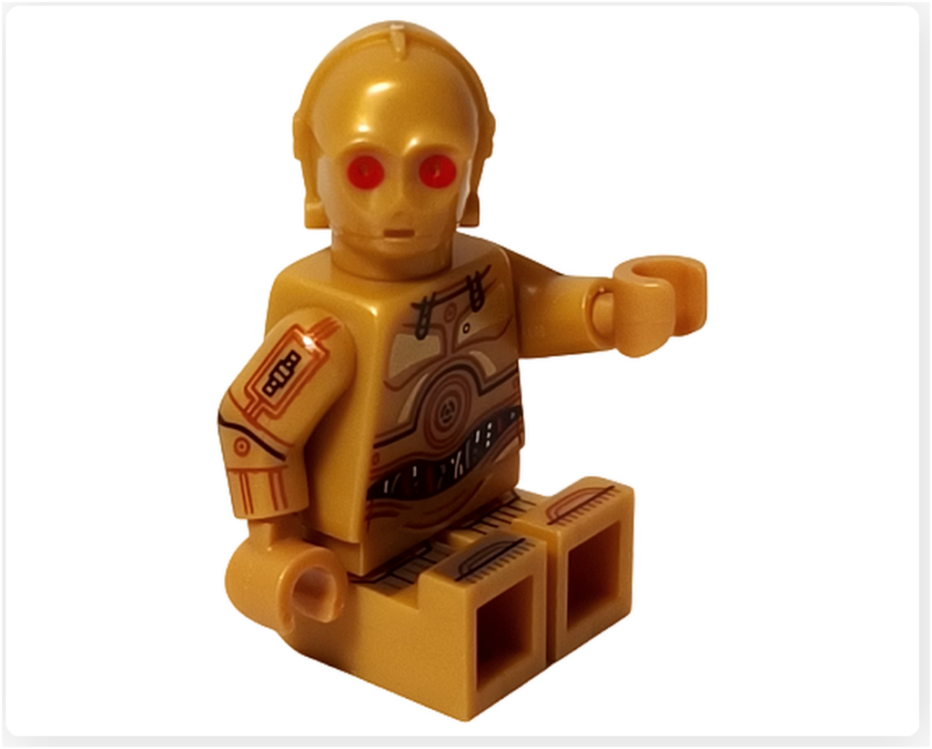 LEGO スター・ウォーズ 75418 アドベントカレンダー2025に含まれるC-3POのミニフィグ座りポーズ写真。脚部を曲げて座った状態で、胴体と腕部の機構プリントが確認できる。