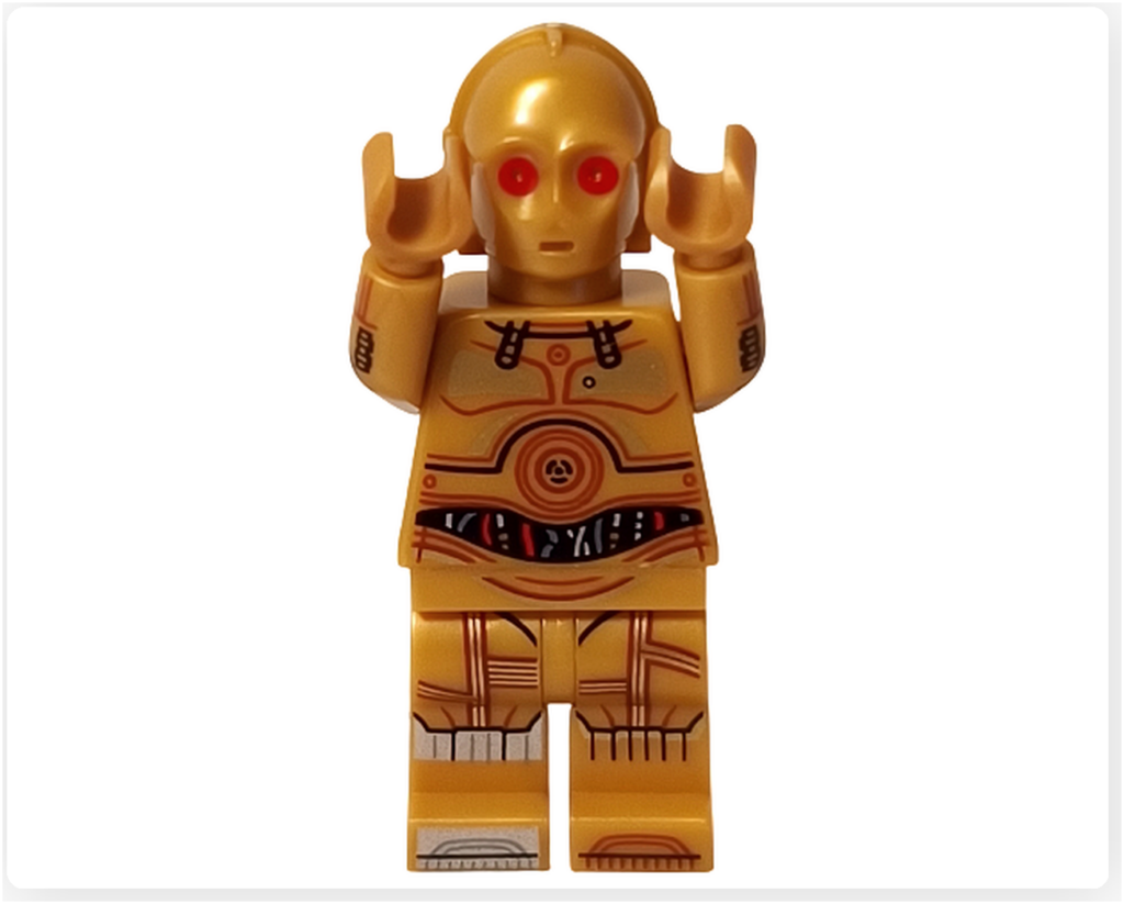 LEGO スター・ウォーズ 75418 アドベントカレンダー2025に含まれるC-3POのミニフィグ両手あげポーズ写真。両腕を上げた状態で、胸部と脚部の機構プリントが確認できる。
