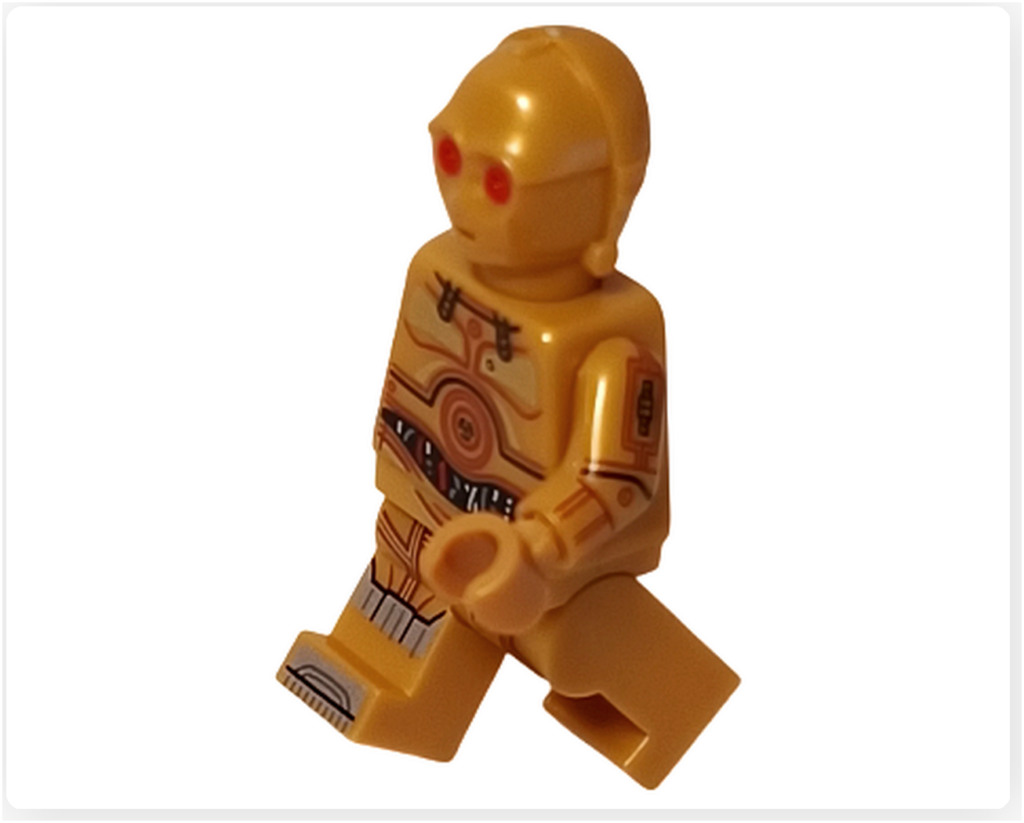 LEGO スター・ウォーズ 75418 アドベントカレンダー2025に含まれるC-3POのミニフィグ歩行ポーズ写真。片脚を前に出した状態で、胴体と脚部の機構プリントが確認できる。