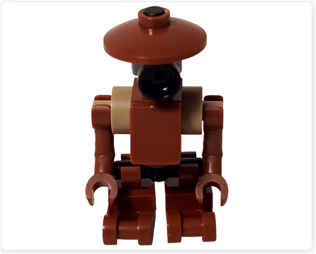 LEGO スター・ウォーズ 75418 アドベントカレンダー2025に含まれるピット・ドロイドのミニフィグ正面写真。円盤状の頭部パーツと細長い胴体、両腕と脚部の構造が確認できる。