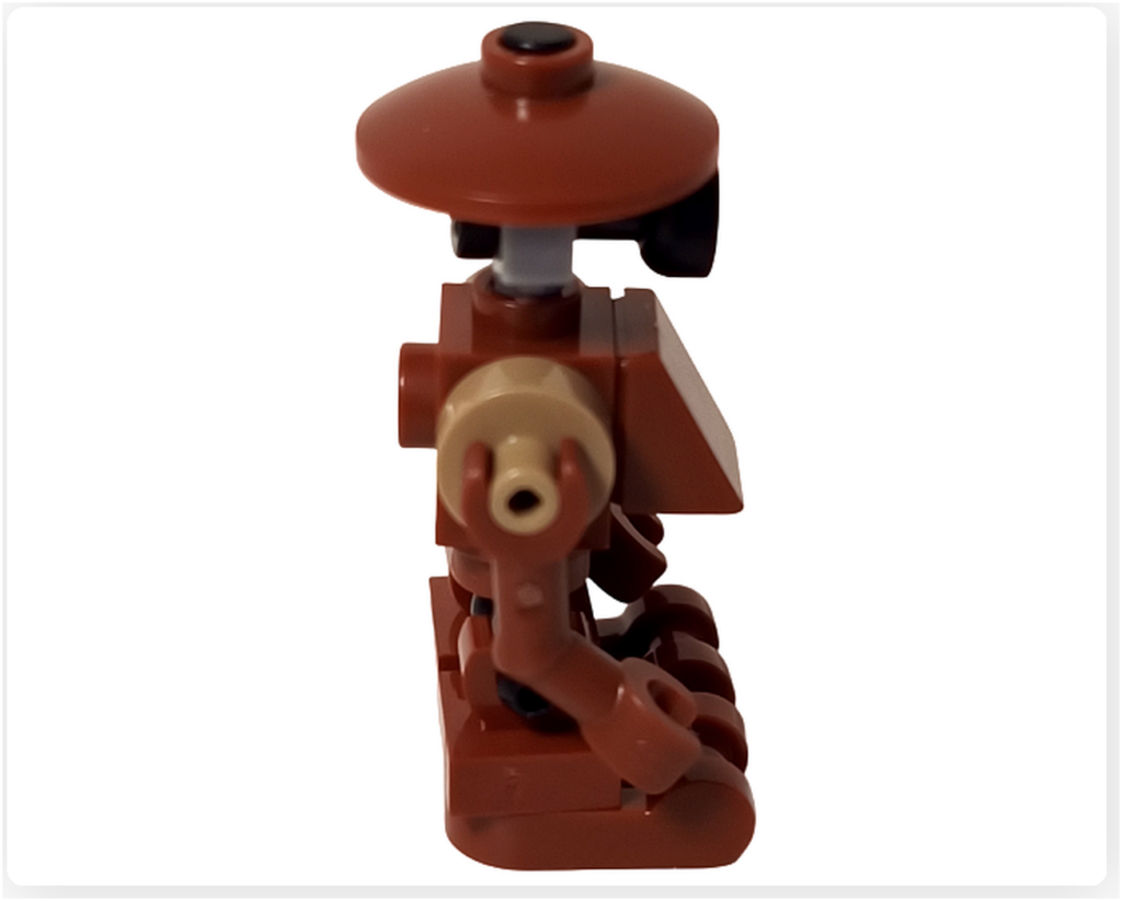 LEGO スター・ウォーズ 75418 アドベントカレンダー2025に含まれるピット・ドロイドのミニフィグ右側面写真。円盤状の頭部、側面から見た胴体と腕部、脚部の構造が確認できる。