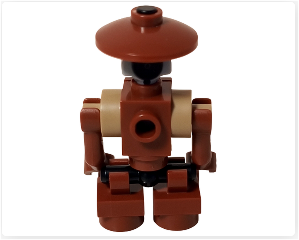 LEGO スター・ウォーズ 75418 アドベントカレンダー2025に含まれるピット・ドロイドのミニフィグ背面写真。背部の接続用ホールと、胴体から脚部にかけての構造が確認できる。