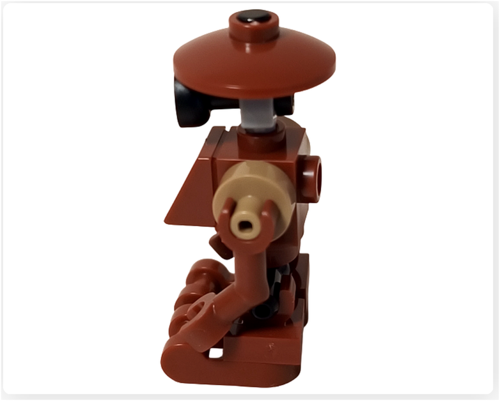 LEGO スター・ウォーズ 75418 アドベントカレンダー2025に含まれるピット・ドロイドのミニフィグ左側面写真。円盤状の頭部、側面から見た胴体と腕部、脚部の構造が確認できる。