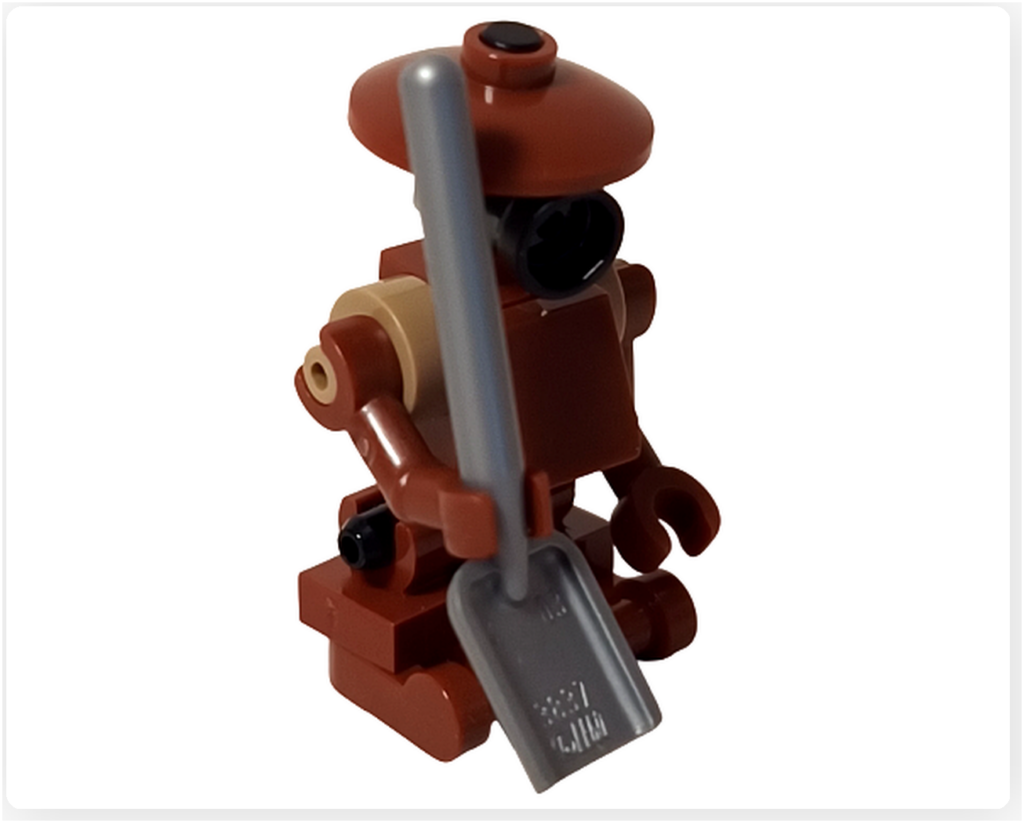 LEGO スター・ウォーズ 75418 アドベントカレンダー2025に含まれるピット・ドロイドのミニフィグ作業ポーズ写真。シャベルを手に持ち、円盤状の頭部と胴体、脚部の構造が確認できる。