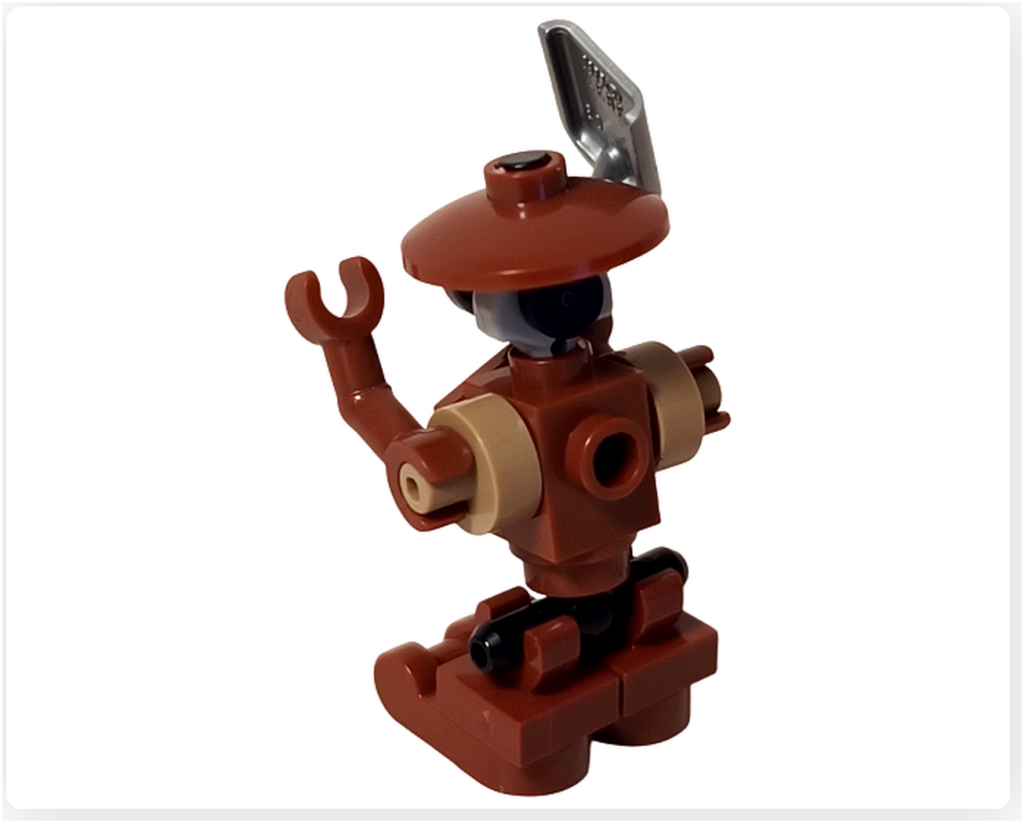 LEGO スター・ウォーズ 75418 アドベントカレンダー2025に含まれるピット・ドロイドのミニフィグ背面写真。シャベルを装備した状態で、背部の接続部と脚部構造が確認できる。