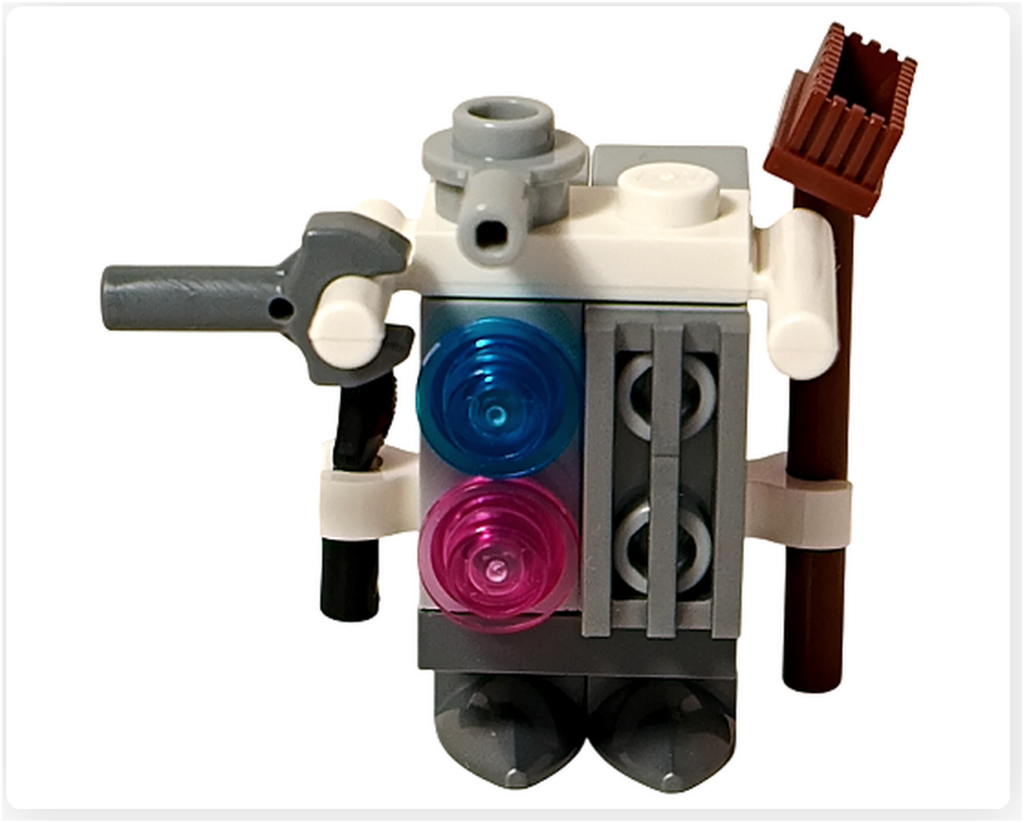 LEGO スター・ウォーズ 75418 アドベントカレンダー2025に含まれるゴンク・ドロイドのミニビルド正面写真。前面の青とピンクの発光パーツ、側面に取り付けられた工具が確認できる。