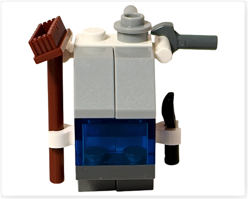 LEGO スター・ウォーズ 75418 アドベントカレンダー2025に含まれるゴンク・ドロイドのミニビルド背面写真。背面のグレーパーツ構成と、左右に取り付けられた工具類が確認できる。