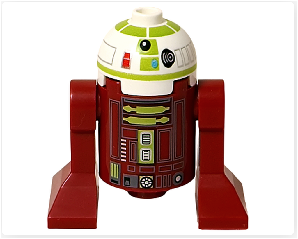 LEGO スター・ウォーズ 75418 アドベントカレンダー2025に含まれるR7-A7のミニフィグを正面から撮影した写真。白とグリーンのドームヘッド、赤茶色の胴体、正面パネルのプリントデザインが確認できる。