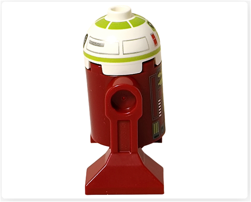 LEGO スター・ウォーズ 75418 アドベントカレンダー2025に含まれるR7-A7を右側面から撮影した写真。赤茶色の円筒胴体と脚部の一体成形パーツ、ドームヘッド下部の段差構造が確認できる。