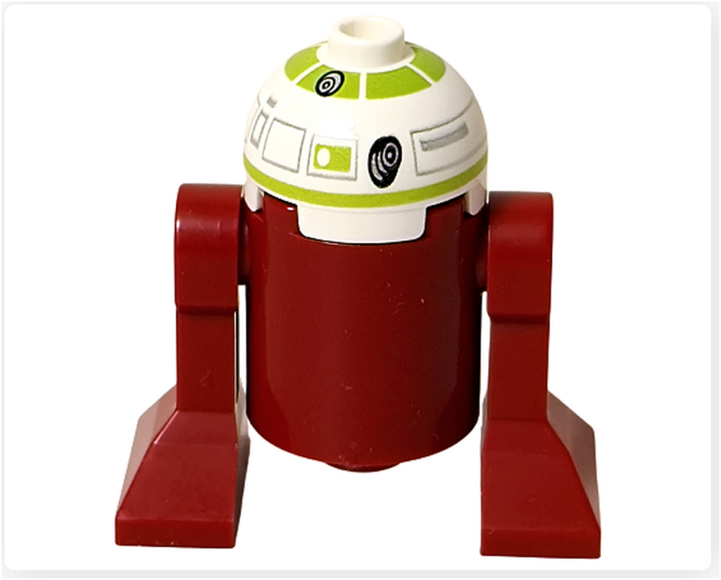 LEGO スター・ウォーズ 75418 アドベントカレンダー2025に収録されたR7-A7を背面から撮影した写真。赤茶色の円筒形ボディと左右の脚部のみで構成された、プリントのない背面デザインが確認できる。