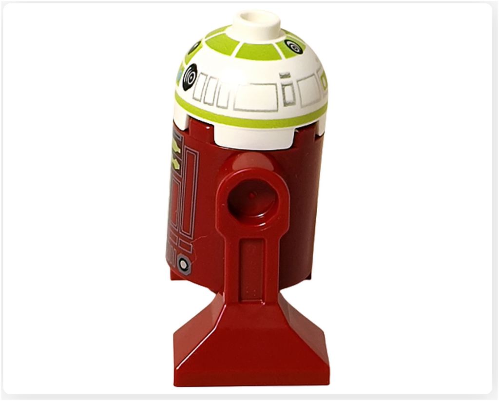 LEGO スター・ウォーズ 75418 アドベントカレンダー2025に収録されたR7-A7を左側面から撮影した写真。赤茶色の円筒形ボディに左脚が接続され、側面の接続部造形と頭部のグリーンライン入りドームが確認できる。