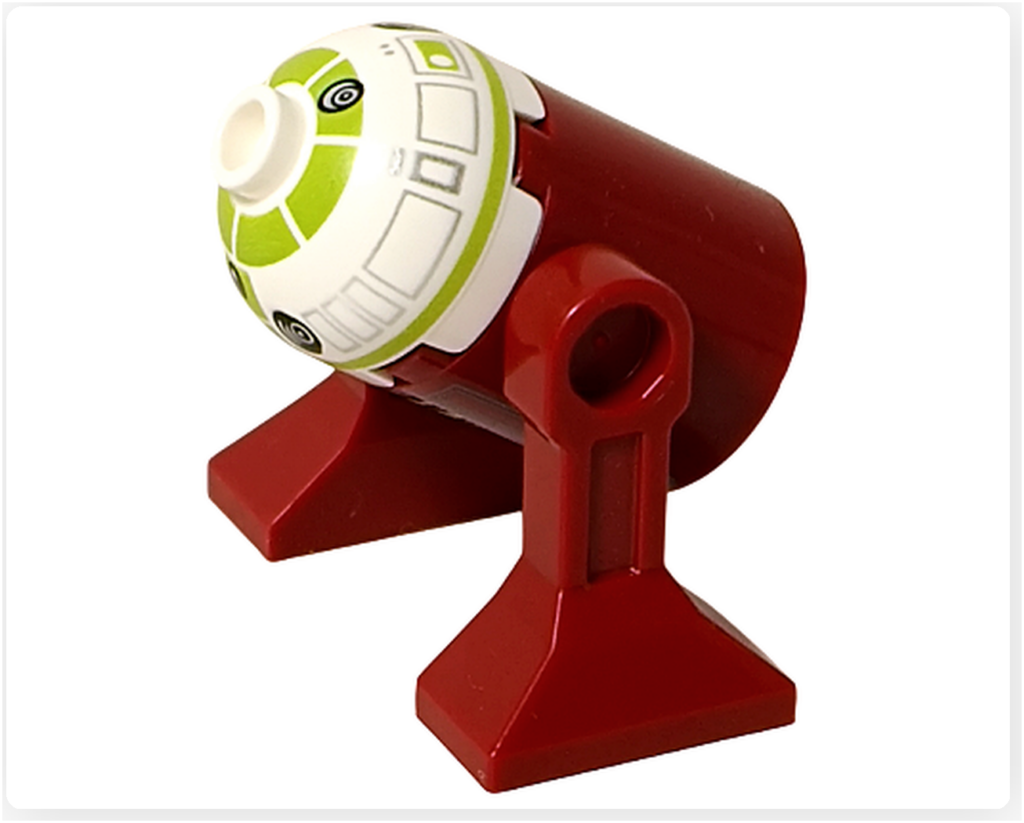 LEGO スター・ウォーズ 75418 アドベントカレンダー2025に収録されたR7-A7を、頭部を前方に傾けたお辞儀ポーズで撮影した写真。赤茶色の胴体と脚部、可動式ドームによる姿勢変化が確認できる。