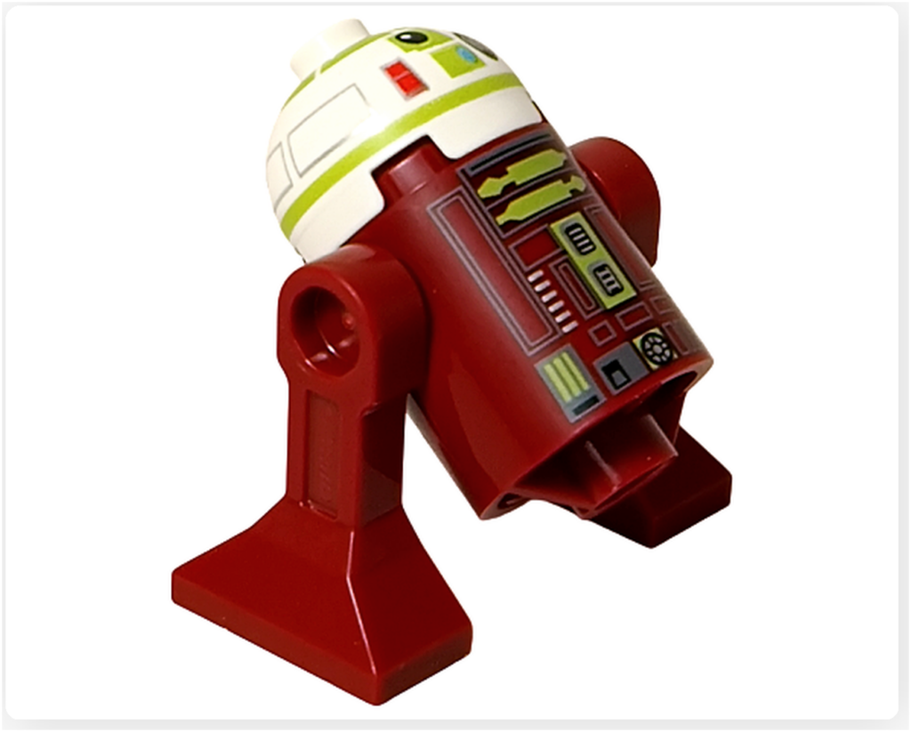 LEGO スター・ウォーズ 75418 アドベントカレンダー2025に収録されたR7-A7を、胴体を後方に傾けて上を向いた姿勢で撮影した写真。赤茶色のボディと脚部、可動式ドームと胴体の角度変化が確認できる。