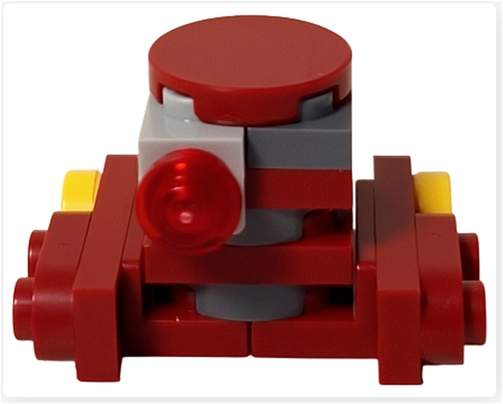 LEGO スター・ウォーズ 75418 アドベントカレンダー2025収録のB2EMOを正面から撮影。赤を基調としたボディに、中央の赤いラウンドパーツとグレーの内部構造、左右の黄色パーツが確認できる。