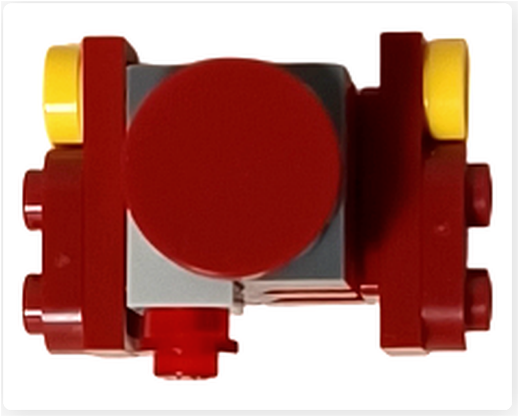 LEGO スター・ウォーズ 75418 アドベントカレンダー2025収録のB2EMOを真上から撮影。赤い円形の天面パーツを中心に、左右に配置された足部と黄色パーツが確認でき、コンパクトな横幅と対称的な構造が分かる。