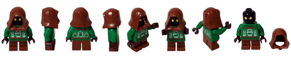 レゴ スター・ウォーズ ホリデー・ジャワのミニフィグ一覧。正面・側面・背面・可動ポーズを並べたサムネイルで、フードと赤いランプの祝祭仕様が分かる構成。