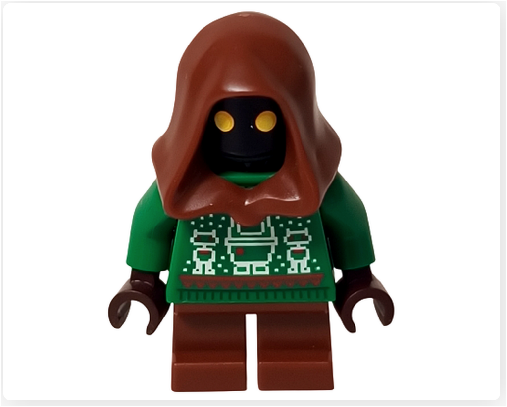 レゴ スター・ウォーズ 75418に登場するホリデー・ジャワの正面写真。フードの奥に光る目と、祝祭デザインのセーターが印象的な、静かな夜の工房を思わせる佇まいのミニフィグ。