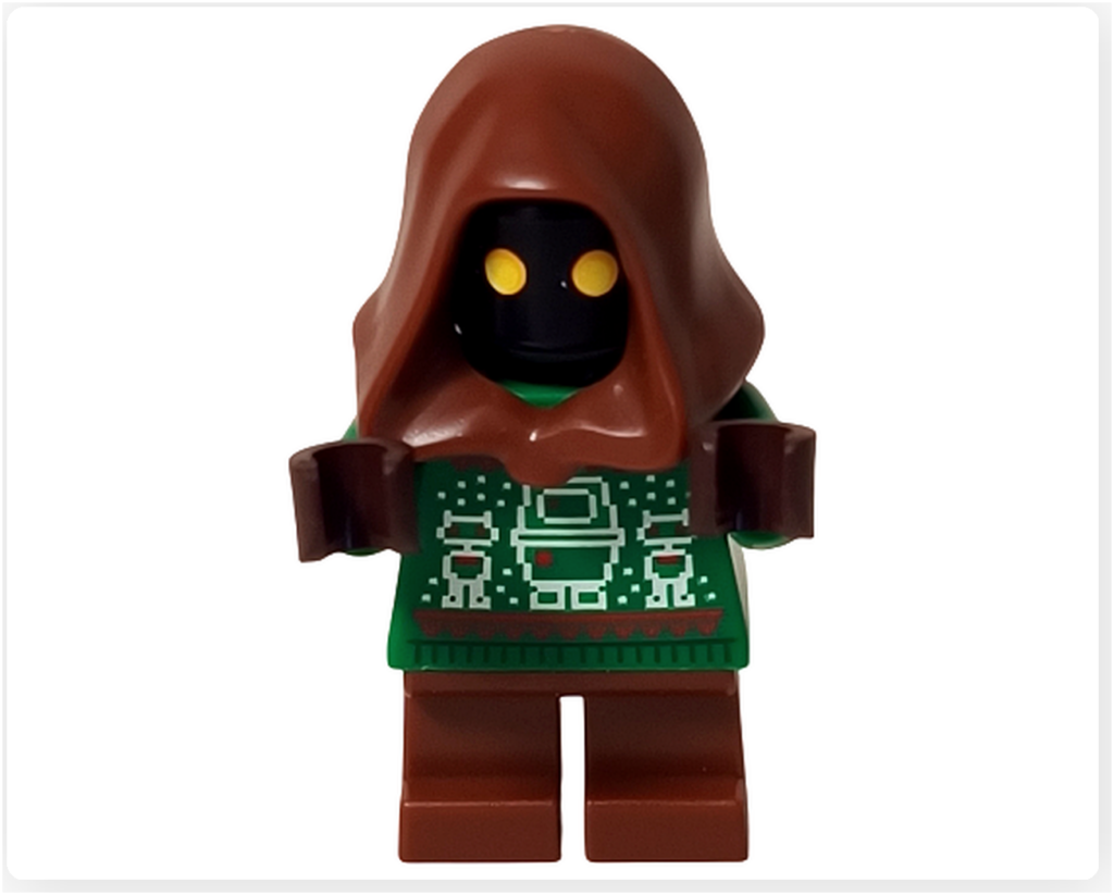 レゴ スター・ウォーズ 75418に登場するホリデー・ジャワの両手を上げた正面写真。祝祭デザインのセーターと、喜びを表すような仕草が、静かな工房の夜に温かな空気を添えるミニフィグ。