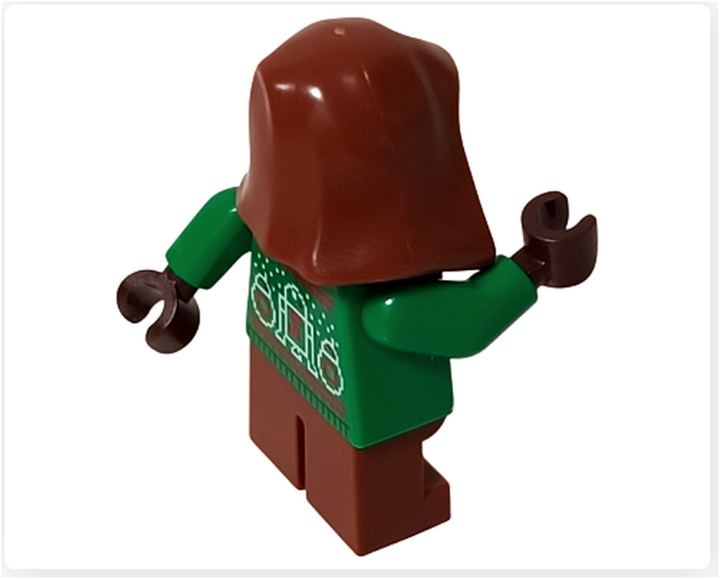 レゴ スター・ウォーズ 75418に収録されたホリデー・ジャワの歩行シーンを俯瞰で捉えた写真。背を向けて歩く姿と祝祭柄のセーターが、夜の工房に溶け込む静かな時間を感じさせるミニフィグ。