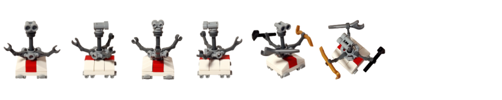 レゴ スター・ウォーズ トレッドウェル・ドロイドのミニビルド一覧。正面・背面・可動ポーズと工具を備えた祝祭仕様を並べ、構造と表情が分かるサムネイル。