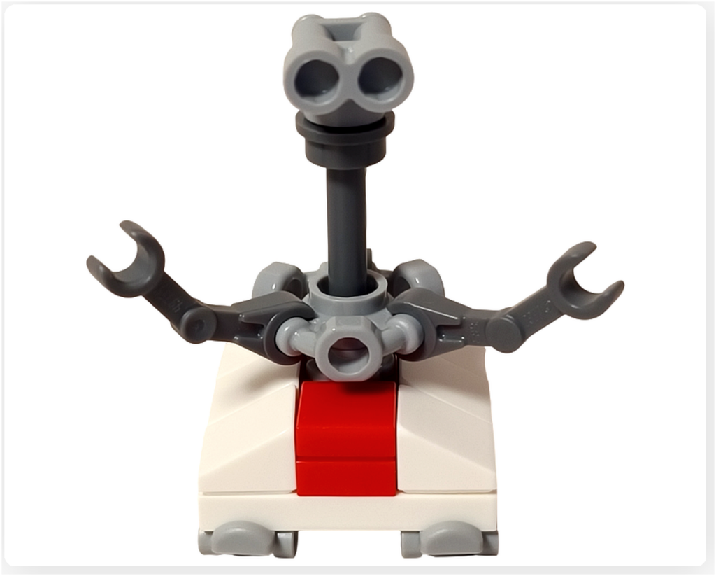 レゴ スター・ウォーズ 75418に登場するトレッドウェル・ドロイドの正面写真。白い台座に立ち、細長い首と両腕を広げた姿が、工房で静かに待機する作業用ドロイドの存在感を伝えるミニフィグ。