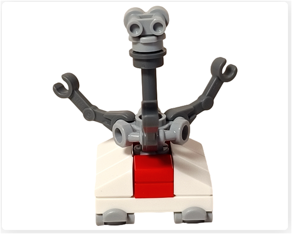 レゴ スター・ウォーズ 75418に登場するトレッドウェル・ドロイドの背面写真。簡素な背面パーツと可動アームの接続部が見え、工房で黙々と働く作業用ドロイドの実務的な構造が伝わるミニフィグ。