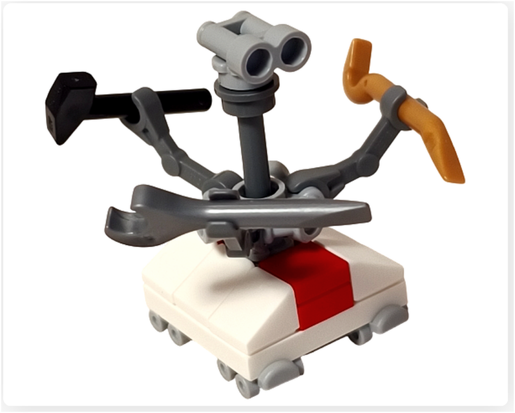 レゴ スター・ウォーズ 75418に登場するトレッドウェル・ドロイドの正面写真。複数の可動アームに工具を装備し、工房で実務に取りかかる直前のような姿が、作業用ドロイドの機能美を伝えるミニフィグ。