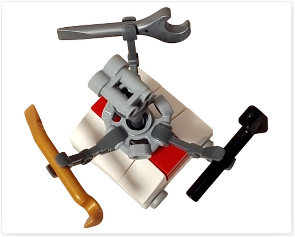 レゴ スター・ウォーズ 75418に登場するトレッドウェル・ドロイドを真上から撮影した写真。複数のアームに工具を持ち、作業範囲を広げた構造が俯瞰で確認できる、工房用ドロイドの機能的な姿。