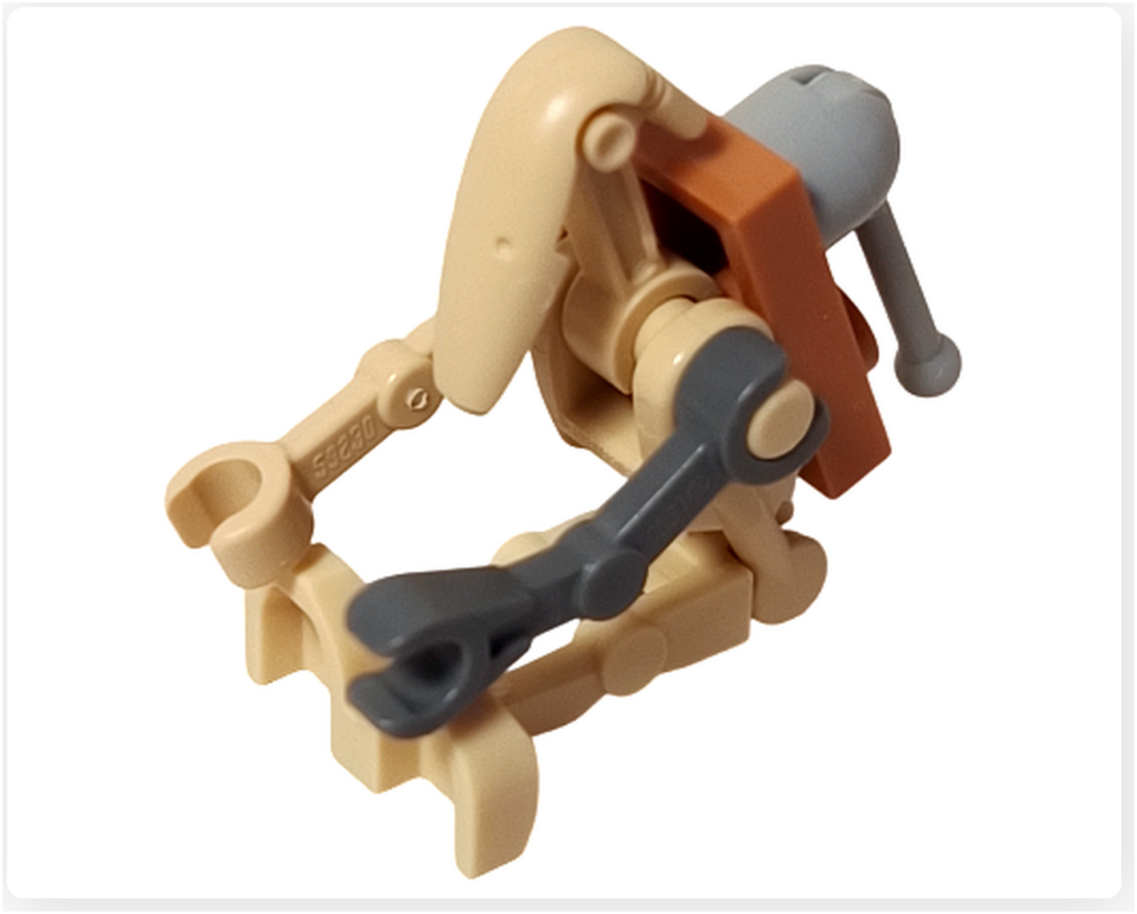 レゴ スター・ウォーズ 75418に収録されるスクラップ・バトル・ドロイドの座った姿の写真。前屈した胴体と垂れた腕部が、戦闘を離れた休止状態や使い古された存在感を静かに表現しているミニフィグ。