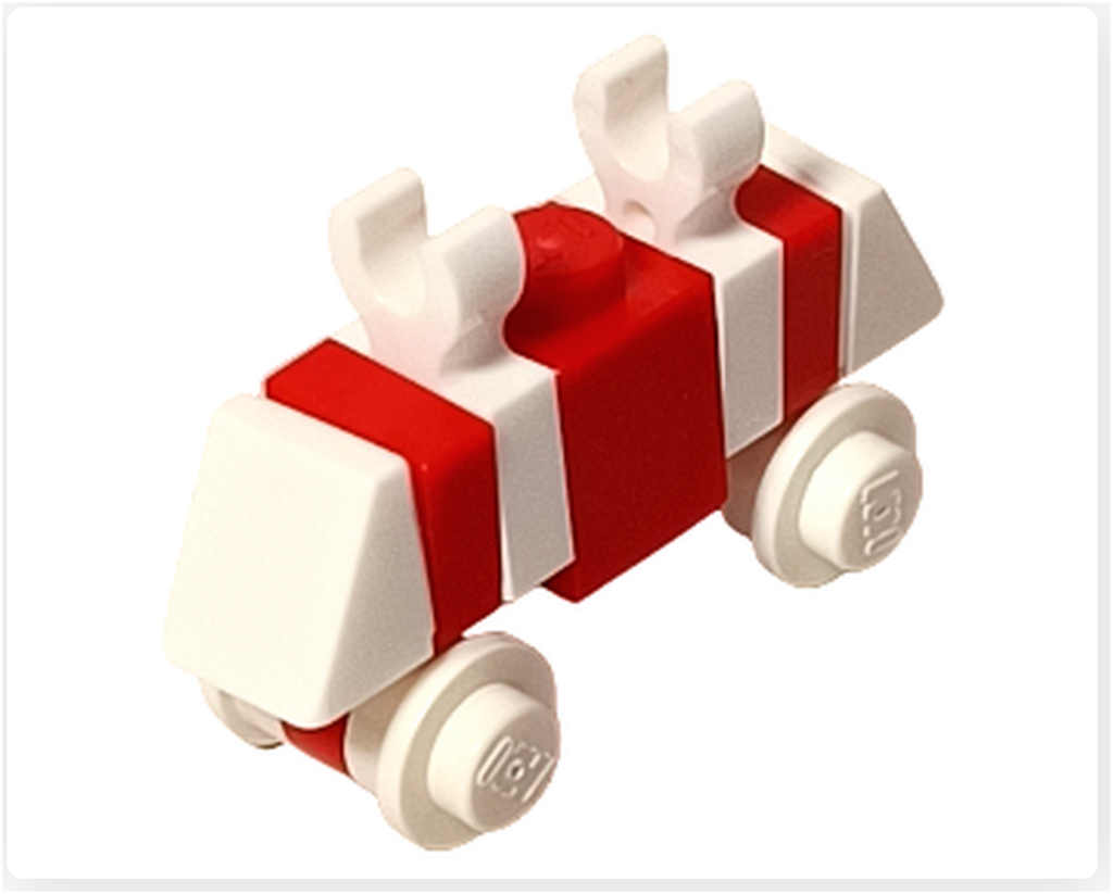 レゴ スター・ウォーズ 75418のホリデー・マウス・ドロイドを正面斜めから撮影。赤と白の祝祭配色が施された小型ドロイドで、低い車体とシンプルな構造が可愛らしさと作業用ユニットらしさを両立している。