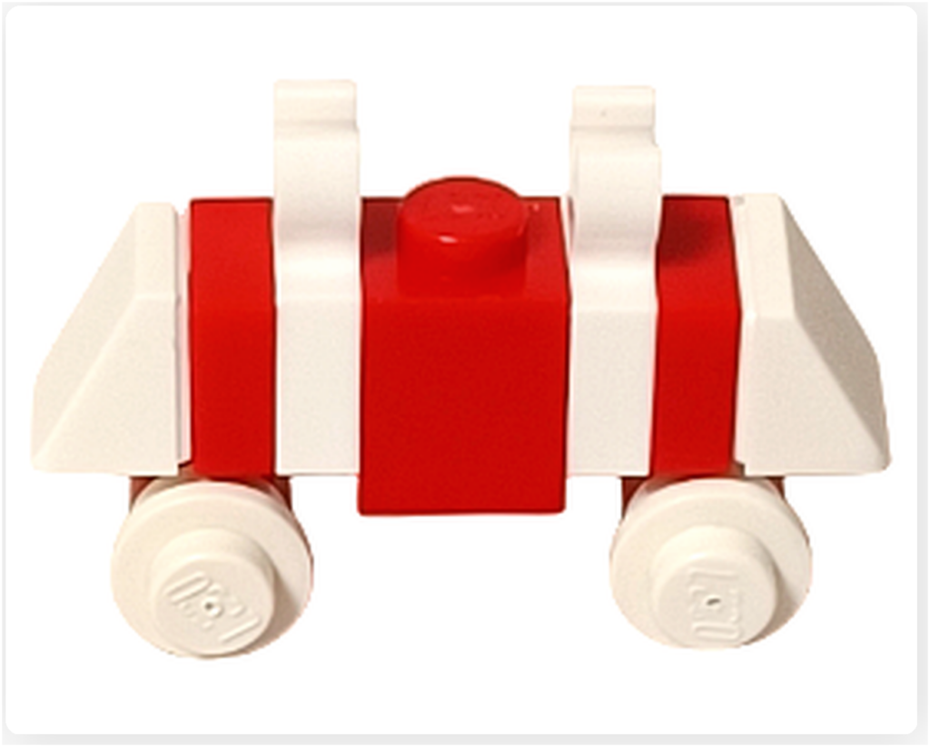 レゴ スター・ウォーズ 75418のホリデー・マウス・ドロイドを側面から撮影。赤白のストライプ胴体と低い車高、シンプルな車輪構成が確認でき、装飾を抑えた実用的なドロイドデザインを表している。
