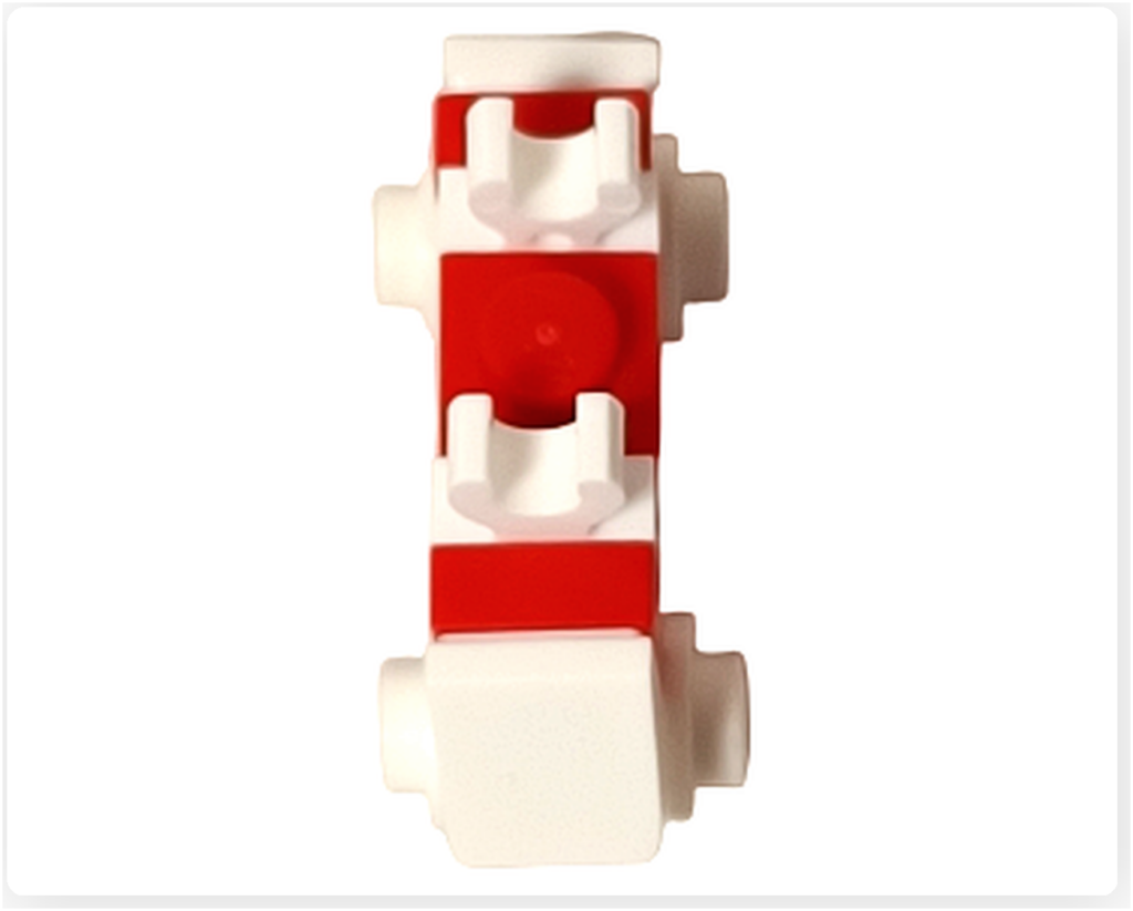 レゴ スター・ウォーズ 75418のホリデー・マウス・ドロイドを真上から撮影。白い車体の中央に赤いストライプが一直線に配置され、最小構成のドロイドデザインと祝祭仕様の配色がはっきり確認できる。