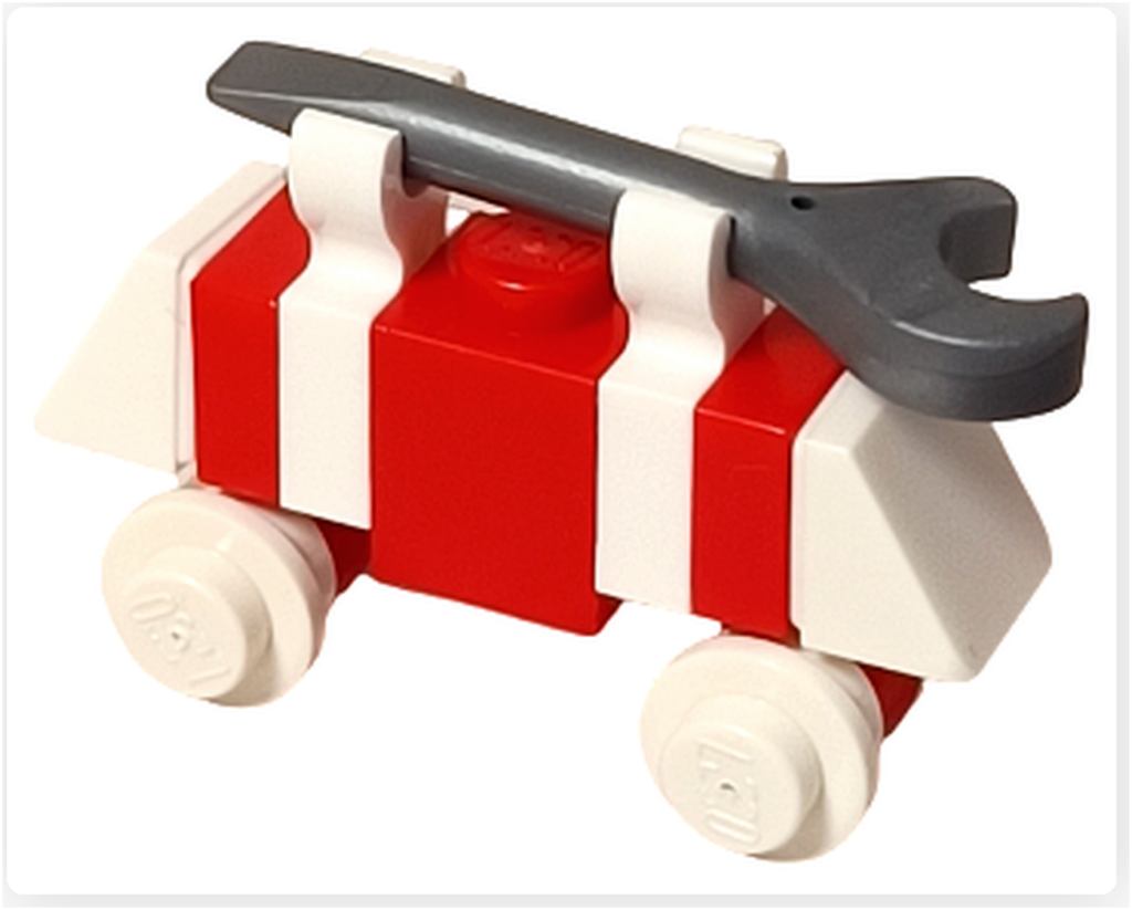 レゴ スター・ウォーズ 75418のホリデー・マウス・ドロイドを運搬中の状態で撮影。赤白の祝祭配色の車体上部に工具を載せ、作業用ドロイドとして稼働する様子が分かる構図。