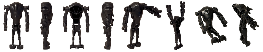 レゴ スター・ウォーズ スーパーバトル・ドロイドのミニフィグ一覧。黒基調の装甲ボディを、正面・側面・背面と可動ポーズで確認できる構成。