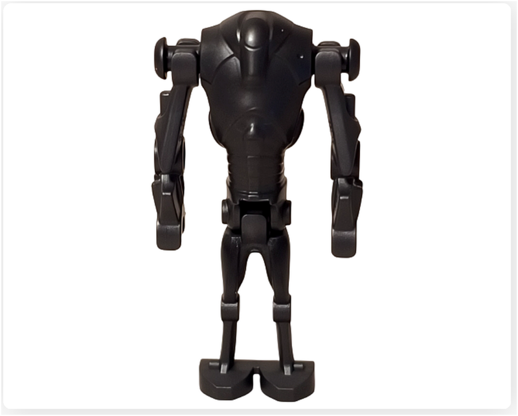 レゴ スター・ウォーズ 75418に含まれるスーパーバトル・ドロイドの正面写真。黒に近い濃色の装甲と厚みのある胴体、直立した姿勢から量産型戦闘ドロイドの重厚さが伝わる。
